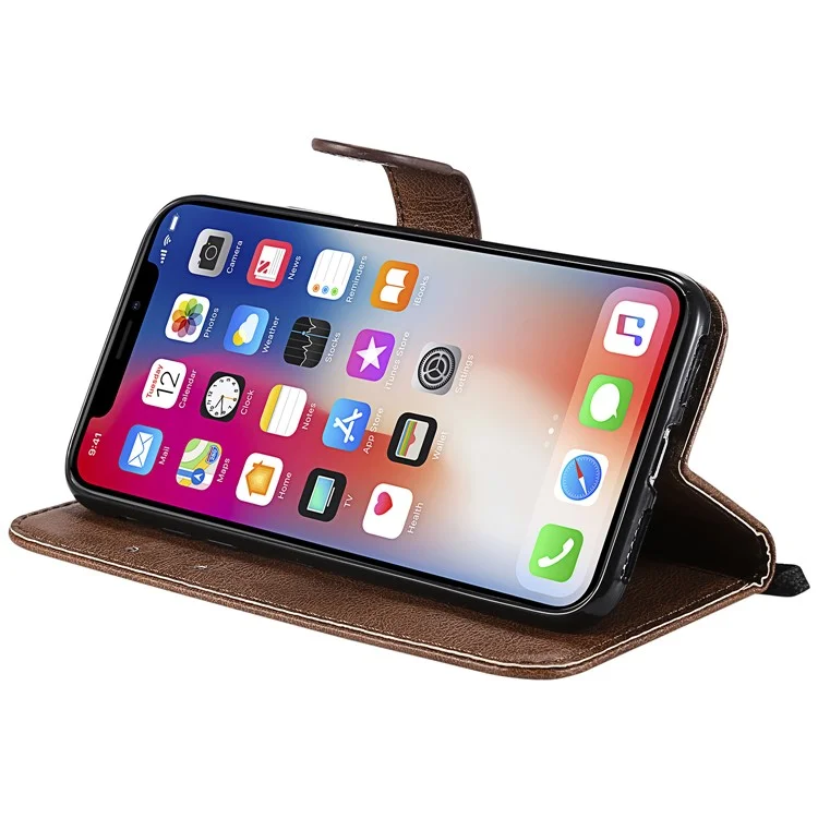 KT Leather Series-2 Solid Color Leather Wallet Stand Phone Cover with Strap for iPhone X/XS 5.8 inch - Brown