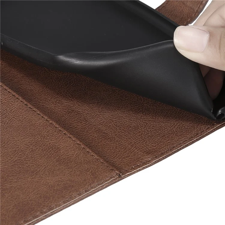 KT Leather Series-2 Solid Color Leather Wallet Stand Phone Cover with Strap for iPhone X/XS 5.8 inch - Brown