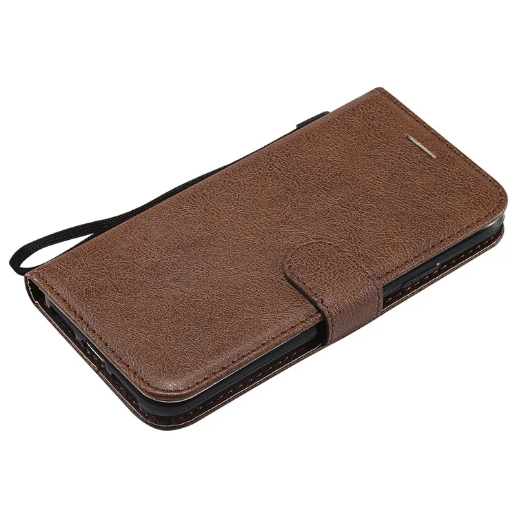 KT Leather Series-2 Solid Color Leather Wallet Stand Phone Cover with Strap for iPhone X/XS 5.8 inch - Brown