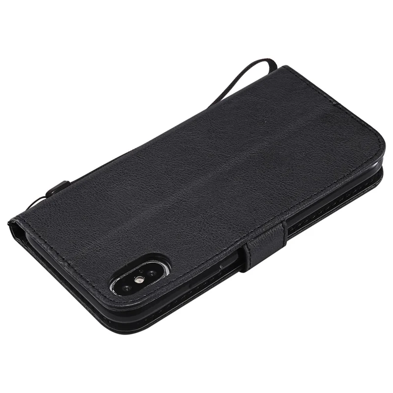 For iPhone X / XS 5.8 inch Case Solid Color Leather Mobile Cover Wallet Stand with Strap - Black