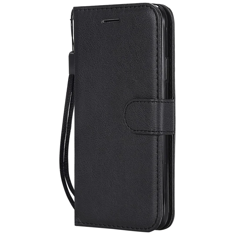 For iPhone X / XS 5.8 inch Case Solid Color Leather Mobile Cover Wallet Stand with Strap - Black