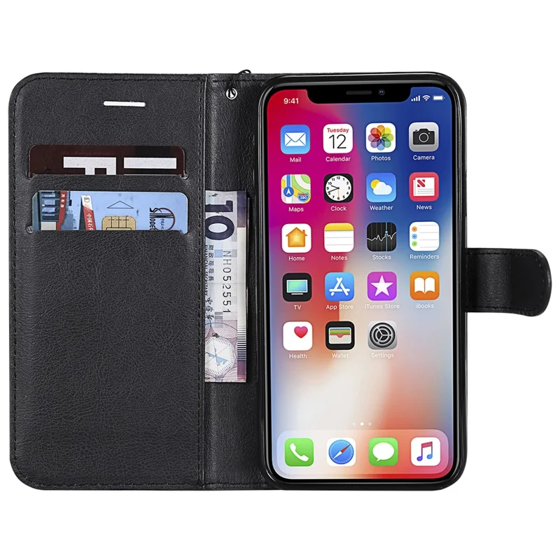 For iPhone X / XS 5.8 inch Case Solid Color Leather Mobile Cover Wallet Stand with Strap - Black
