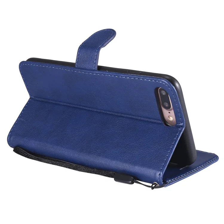 For iPhone 7 Plus 5.5 inch / 8 Plus 5.5 inch Case Solid Color Leather Mobile Cover Wallet Stand with Strap - Blue