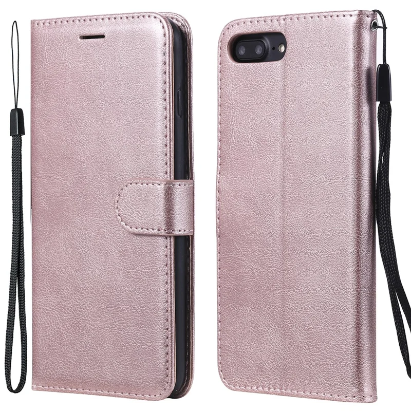 For iPhone 7 Plus 5.5 inch / 8 Plus 5.5 inch Case Solid Color Leather Mobile Cover Wallet Stand with Strap - Rose Gold