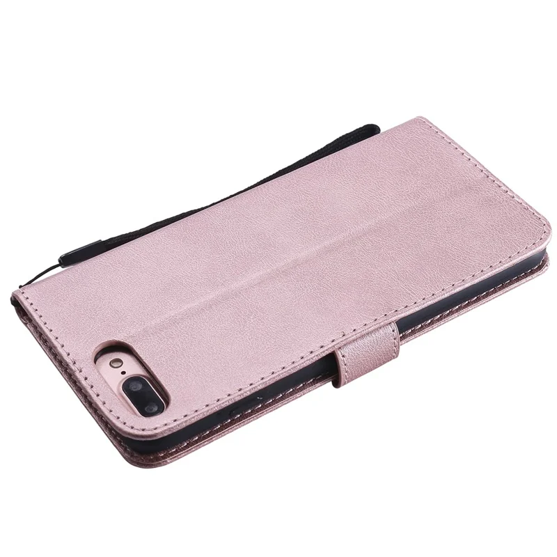 For iPhone 7 Plus 5.5 inch / 8 Plus 5.5 inch Case Solid Color Leather Mobile Cover Wallet Stand with Strap - Rose Gold