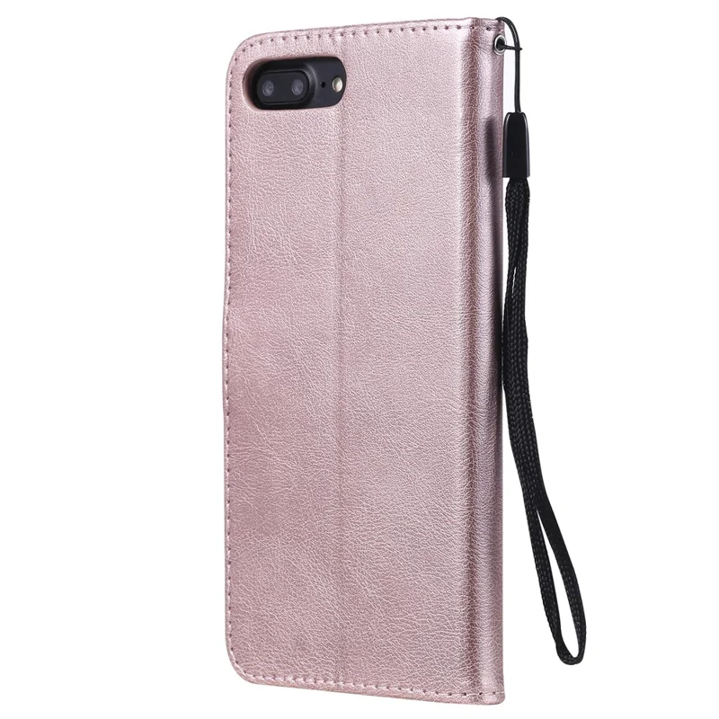 For iPhone 7 Plus 5.5 inch / 8 Plus 5.5 inch Case Solid Color Leather Mobile Cover Wallet Stand with Strap - Rose Gold