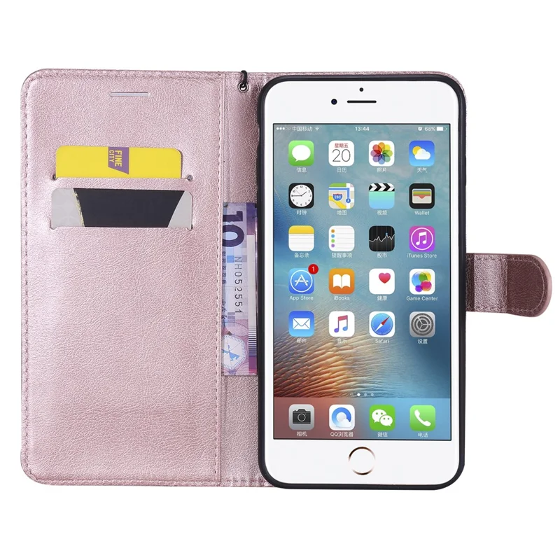 For iPhone 7 Plus 5.5 inch / 8 Plus 5.5 inch Case Solid Color Leather Mobile Cover Wallet Stand with Strap - Rose Gold