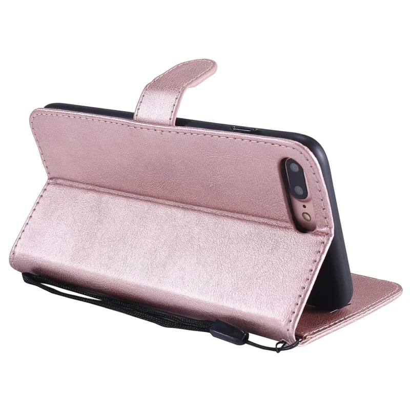 For iPhone 7 Plus 5.5 inch / 8 Plus 5.5 inch Case Solid Color Leather Mobile Cover Wallet Stand with Strap - Rose Gold