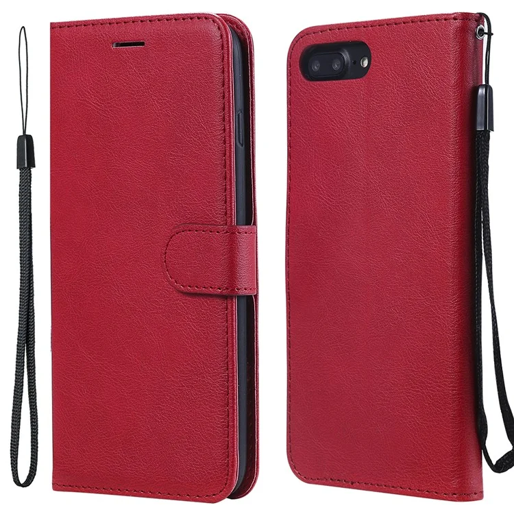 For iPhone 7 Plus 5.5 inch / 8 Plus 5.5 inch Case Solid Color Leather Mobile Cover Wallet Stand with Strap - Red