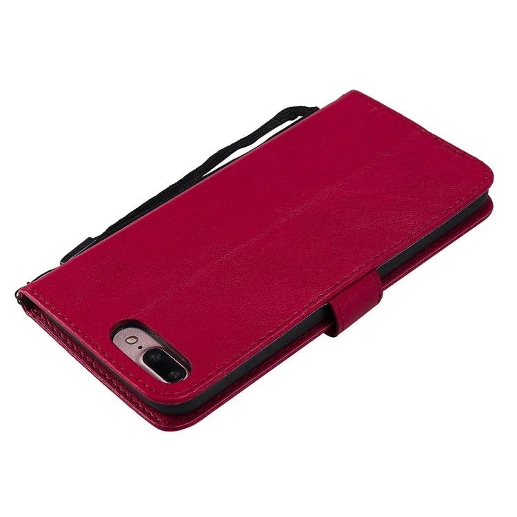For iPhone 7 Plus 5.5 inch / 8 Plus 5.5 inch Case Solid Color Leather Mobile Cover Wallet Stand with Strap - Red