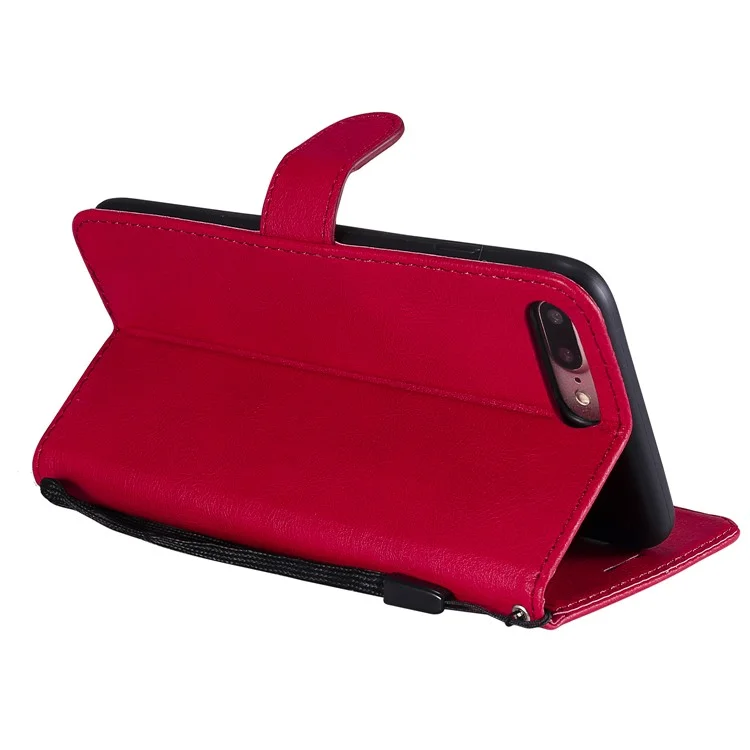 For iPhone 7 Plus 5.5 inch / 8 Plus 5.5 inch Case Solid Color Leather Mobile Cover Wallet Stand with Strap - Red