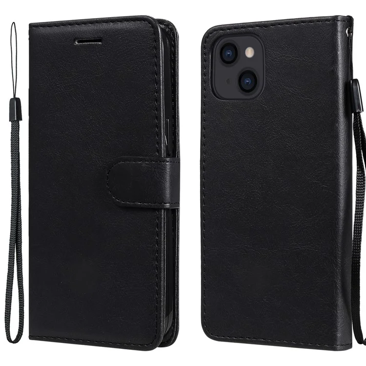 For iPhone 13 6.1 inch Case Solid Color Leather Mobile Cover Wallet Stand with Strap - Black