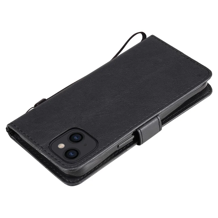 For iPhone 13 6.1 inch Case Solid Color Leather Mobile Cover Wallet Stand with Strap - Black