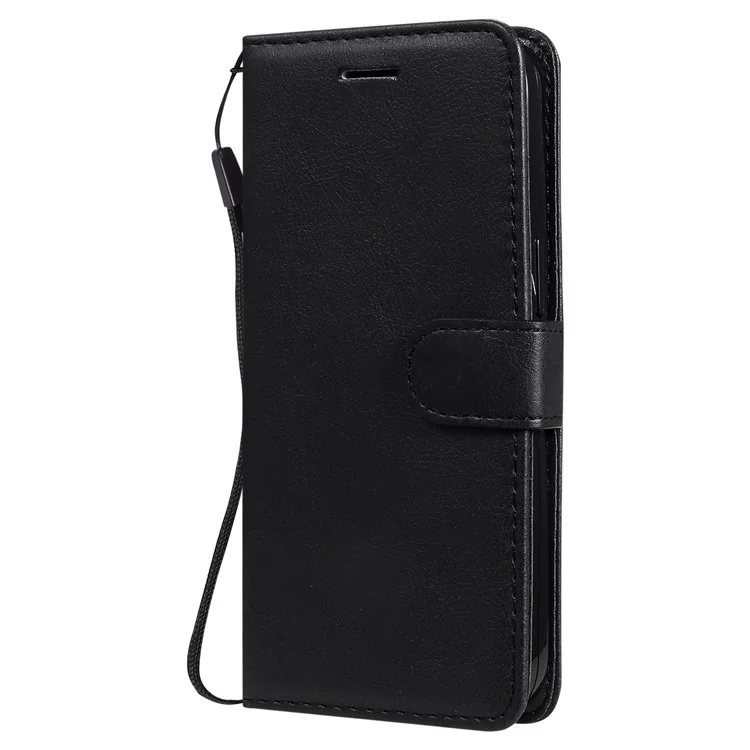 For iPhone 13 6.1 inch Case Solid Color Leather Mobile Cover Wallet Stand with Strap - Black