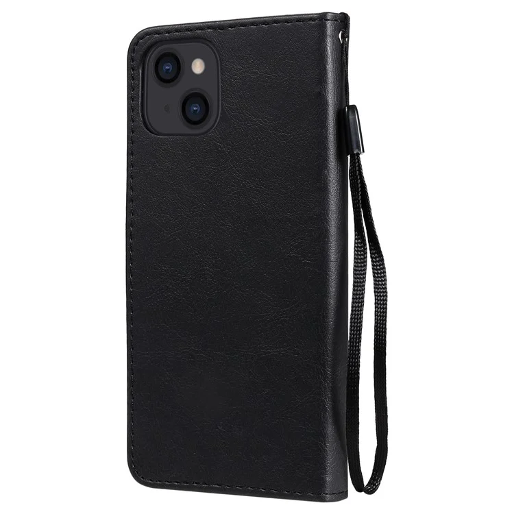 For iPhone 13 6.1 inch Case Solid Color Leather Mobile Cover Wallet Stand with Strap - Black