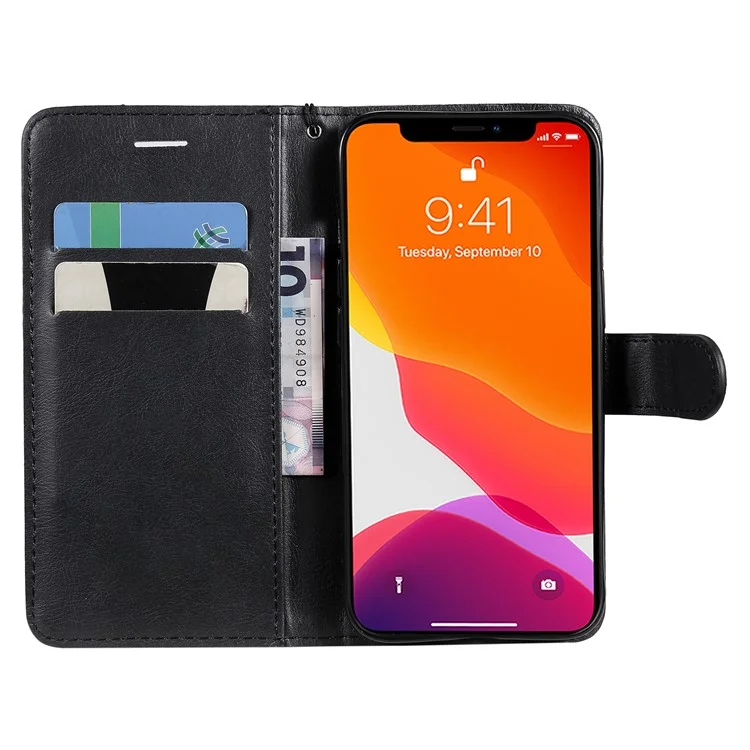 For iPhone 13 6.1 inch Case Solid Color Leather Mobile Cover Wallet Stand with Strap - Black