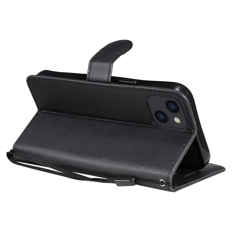 For iPhone 13 6.1 inch Case Solid Color Leather Mobile Cover Wallet Stand with Strap - Black