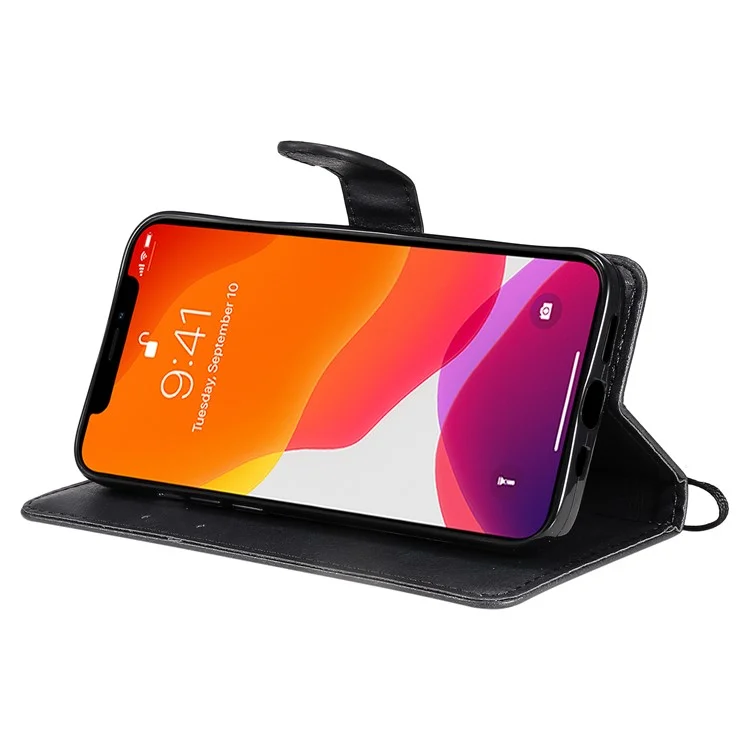 For iPhone 13 6.1 inch Case Solid Color Leather Mobile Cover Wallet Stand with Strap - Black