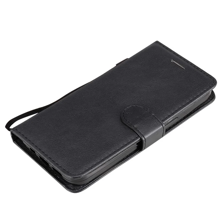 For iPhone 13 6.1 inch Case Solid Color Leather Mobile Cover Wallet Stand with Strap - Black
