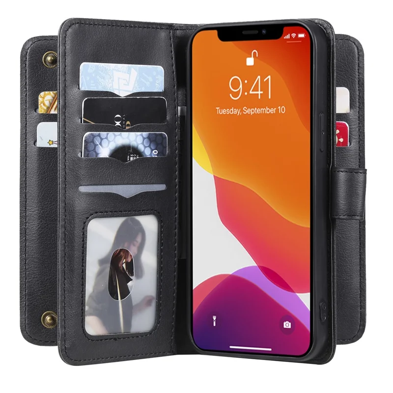 For iPhone 13 Pro Max Leather Case with 10 Card Holder Phone Cover Stand - Black
