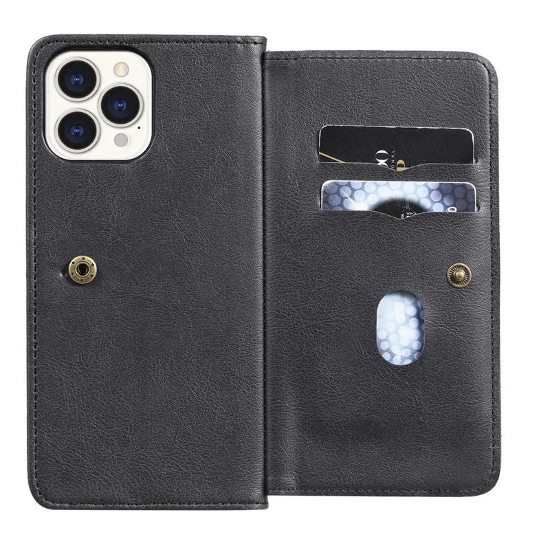 For iPhone 13 Pro Max Leather Case with 10 Card Holder Phone Cover Stand - Black