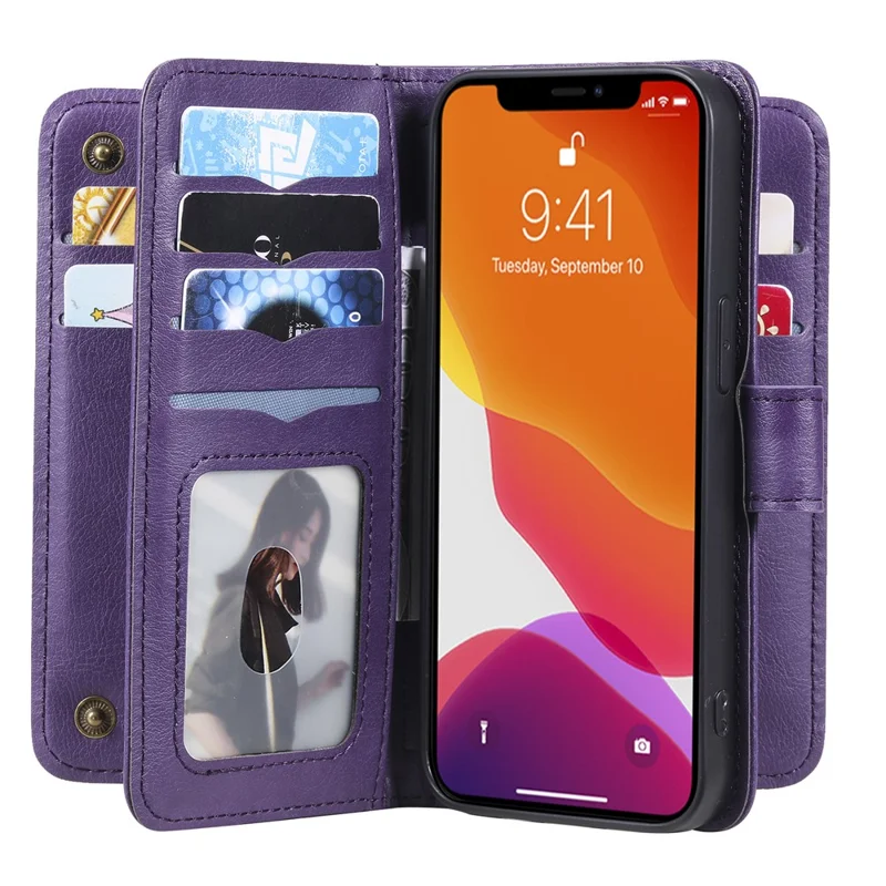 For iPhone 13 Leather Case with 10 Card Holder Phone Cover Stand - Purple