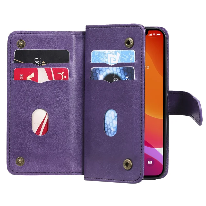 For iPhone 13 Leather Case with 10 Card Holder Phone Cover Stand - Purple