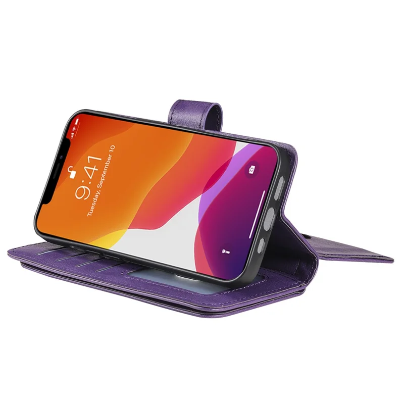 For iPhone 13 Leather Case with 10 Card Holder Phone Cover Stand - Purple