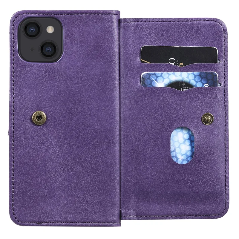 For iPhone 13 Leather Case with 10 Card Holder Phone Cover Stand - Purple
