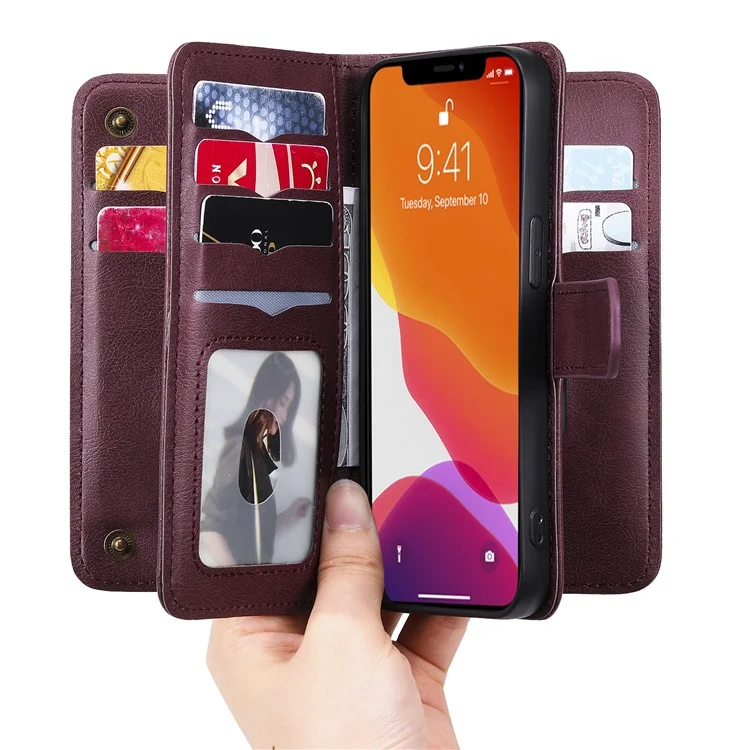 For iPhone 13 Pro Leather Case with 10 Card Holder Phone Cover Stand - Wine Red