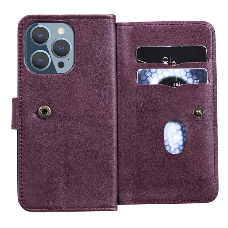 For iPhone 13 Pro Leather Case with 10 Card Holder Phone Cover Stand - Wine Red