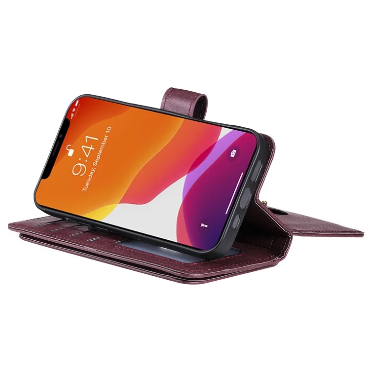 For iPhone 13 Pro Leather Case with 10 Card Holder Phone Cover Stand - Wine Red