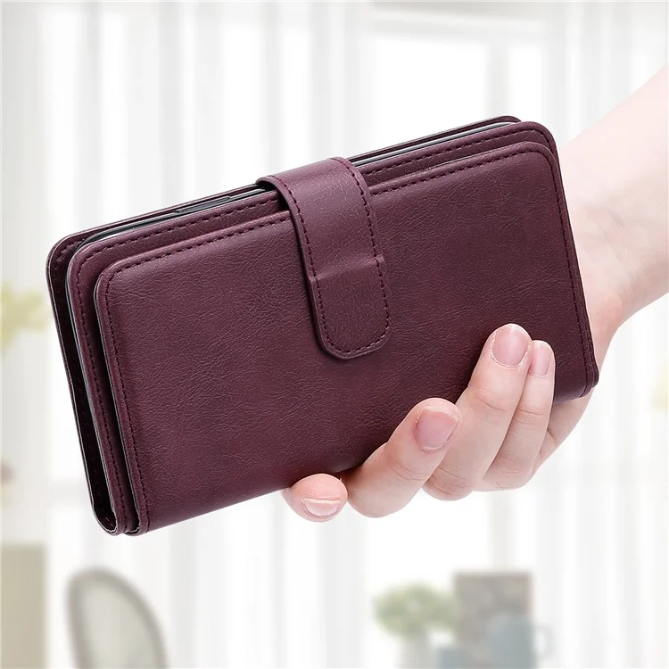 For iPhone 13 Pro Leather Case with 10 Card Holder Phone Cover Stand - Wine Red