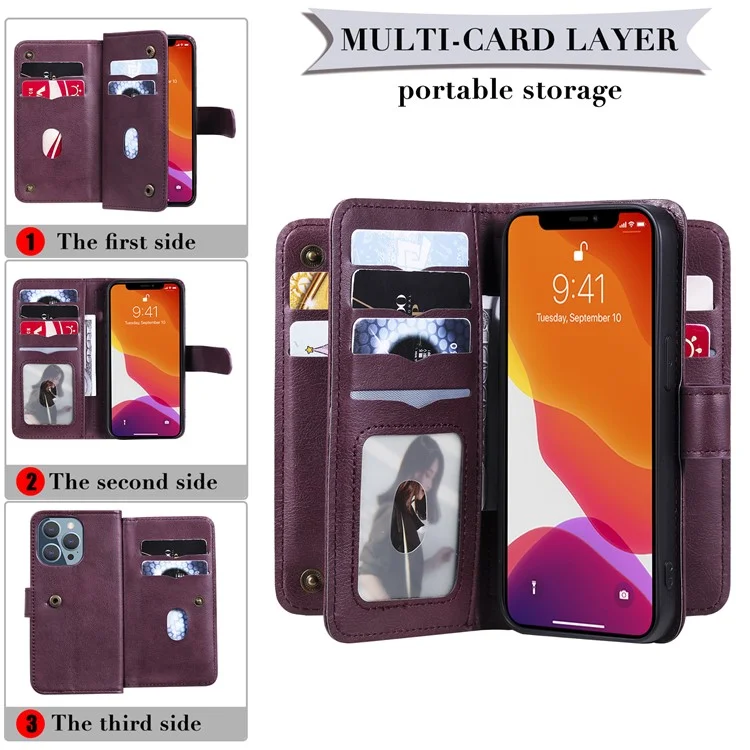 For iPhone 13 Pro Leather Case with 10 Card Holder Phone Cover Stand - Wine Red