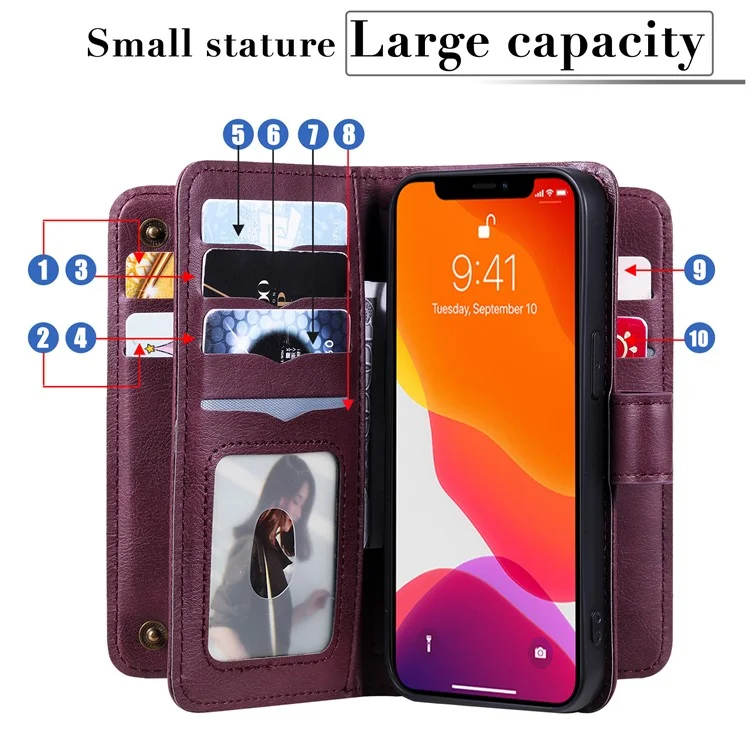 For iPhone 13 Pro Leather Case with 10 Card Holder Phone Cover Stand - Wine Red