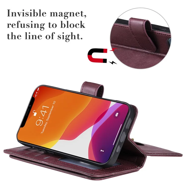 For iPhone 13 Pro Leather Case with 10 Card Holder Phone Cover Stand - Wine Red