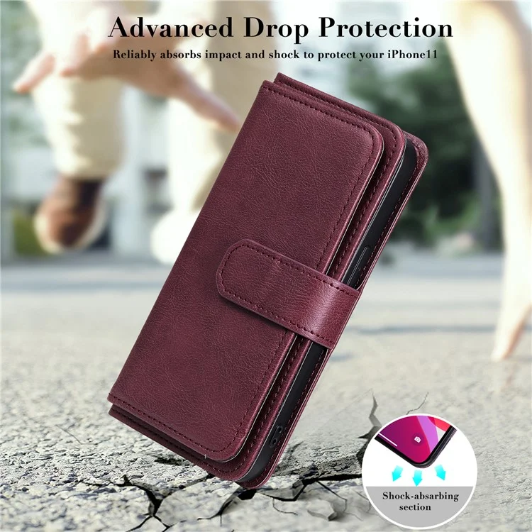 For iPhone 13 Pro Leather Case with 10 Card Holder Phone Cover Stand - Wine Red