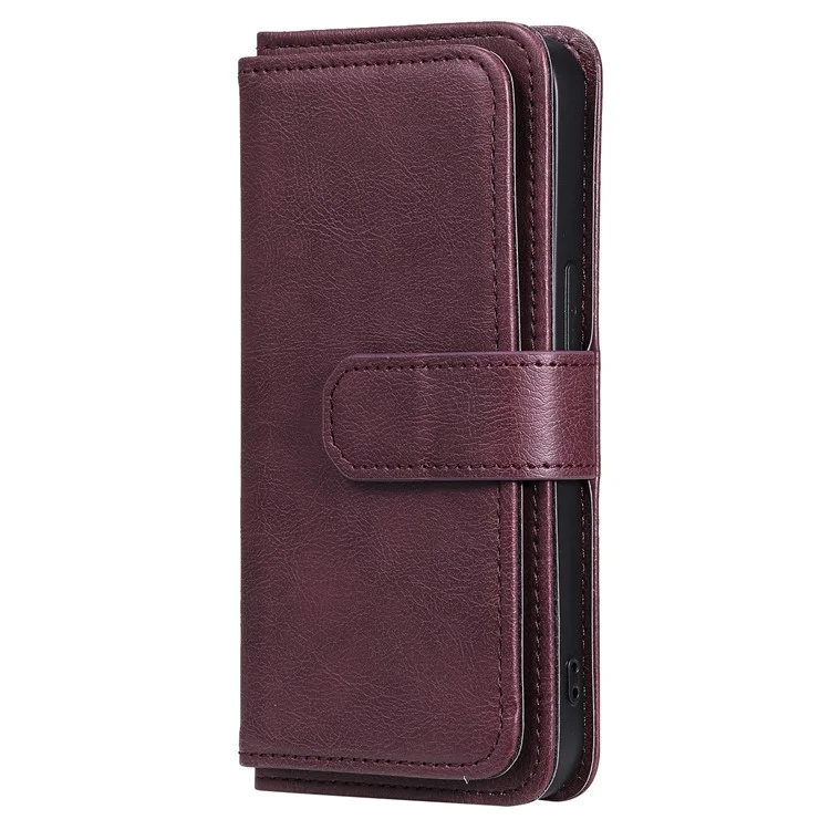 For iPhone 13 Pro Leather Case with 10 Card Holder Phone Cover Stand - Wine Red