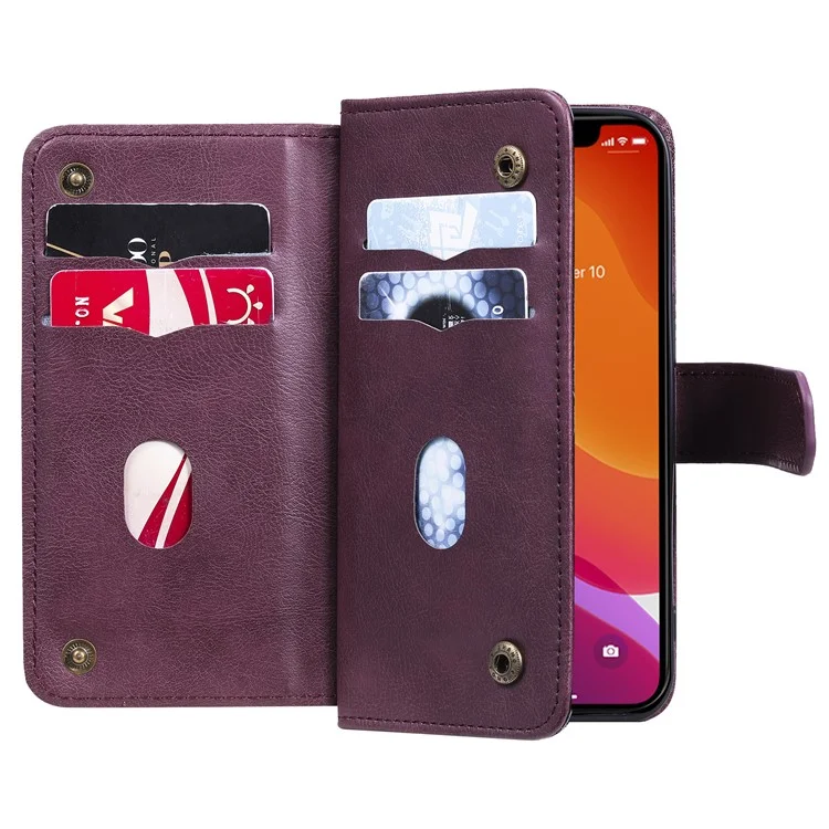 For iPhone 13 Pro Leather Case with 10 Card Holder Phone Cover Stand - Wine Red