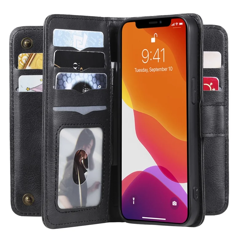 Capa de Couro para iPhone 13 Pro com Suporte e Capa para Telemóvel com Espaço para 10 Cartões - Preto