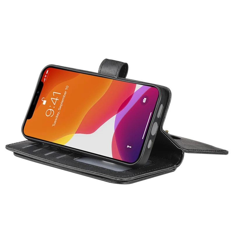 Capa de Couro para iPhone 13 Pro com Suporte e Capa para Telemóvel com Espaço para 10 Cartões - Preto