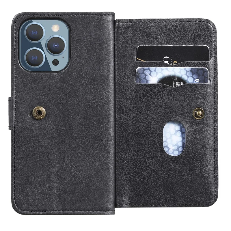 Capa de Couro para iPhone 13 Pro com Suporte e Capa para Telemóvel com Espaço para 10 Cartões - Preto