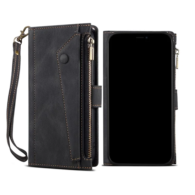 Zippered Wallet Wrist Strap Slots Case All-round Protection Phone Cover with Stand for Apple iPhone 7 4.7 inch/8 4.7 inch/SE (2020)/SE (2022) - Black