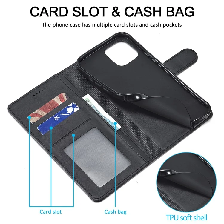 Lc. Case Protector de Teléfono de Cuero Imeeke pu Para Iphone 13 6.1 Pulgadas Folio Flip Willet Tarjeta Ranuras Diseño de Soporte - Negro