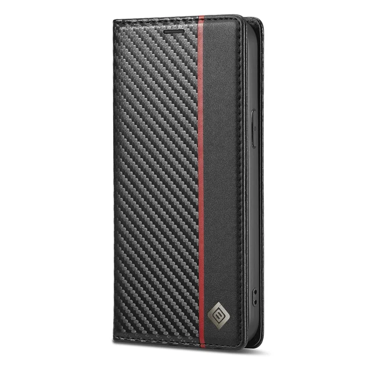 LC.IMEEKE Carbon Fiber Texture Splicing Wallet Design Leather Phone Cover Shell for iPhone 13 Pro Max 6.7 inch - Vertical Red Stripe