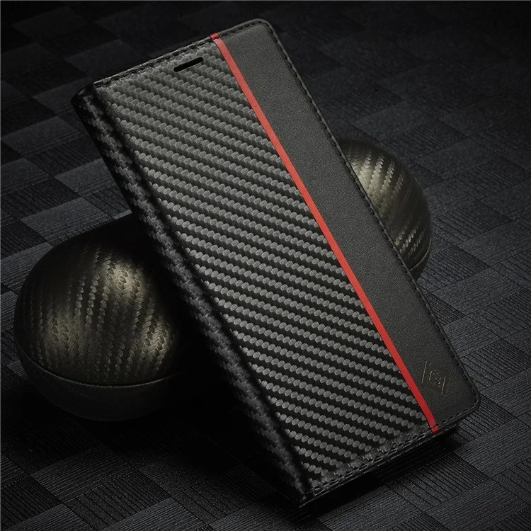 LC.IMEEKE Carbon Fiber Texture Splicing Wallet Design Leather Phone Cover Shell for iPhone 13 Pro Max 6.7 inch - Vertical Red Stripe