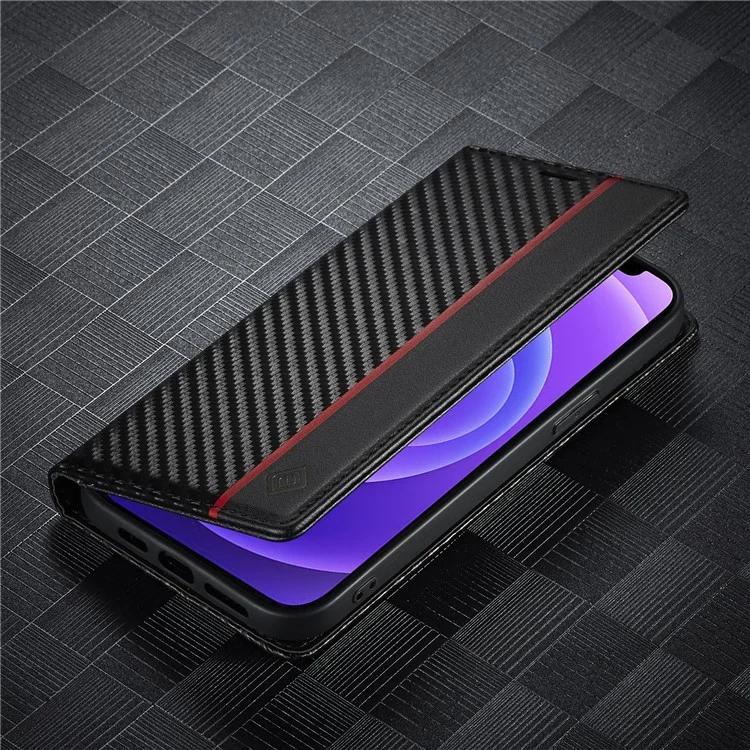 LC.IMEEKE Carbon Fiber Texture Splicing Wallet Design Leather Phone Cover Shell for iPhone 13 Pro Max 6.7 inch - Vertical Red Stripe