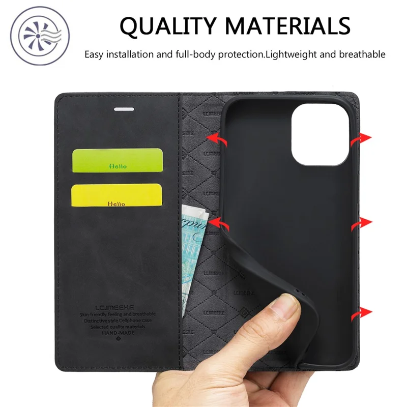 LC.IMEEKE LC Strong Magnetic Series Auto-absorbed Leather Stand Phone Shell with Wallet for iPhone 13 Pro Max 6.7 inch - Black
