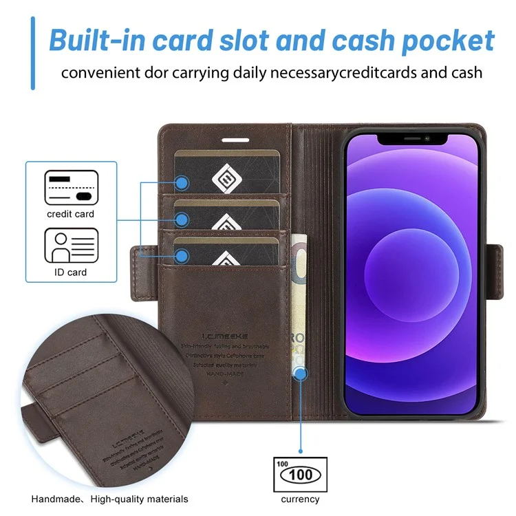 LC.IMEEKE Shockproof PU Leather Wallet Stand Phone Shell for iPhone 13 Pro Max 6.7 inch - Coffee