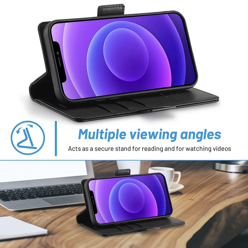 LC.IMEEKE Shockproof Full Protection PU Leather Card Slots Wallet Phone Shell with Stand for iPhone 13 Pro 6.7 inch - Black